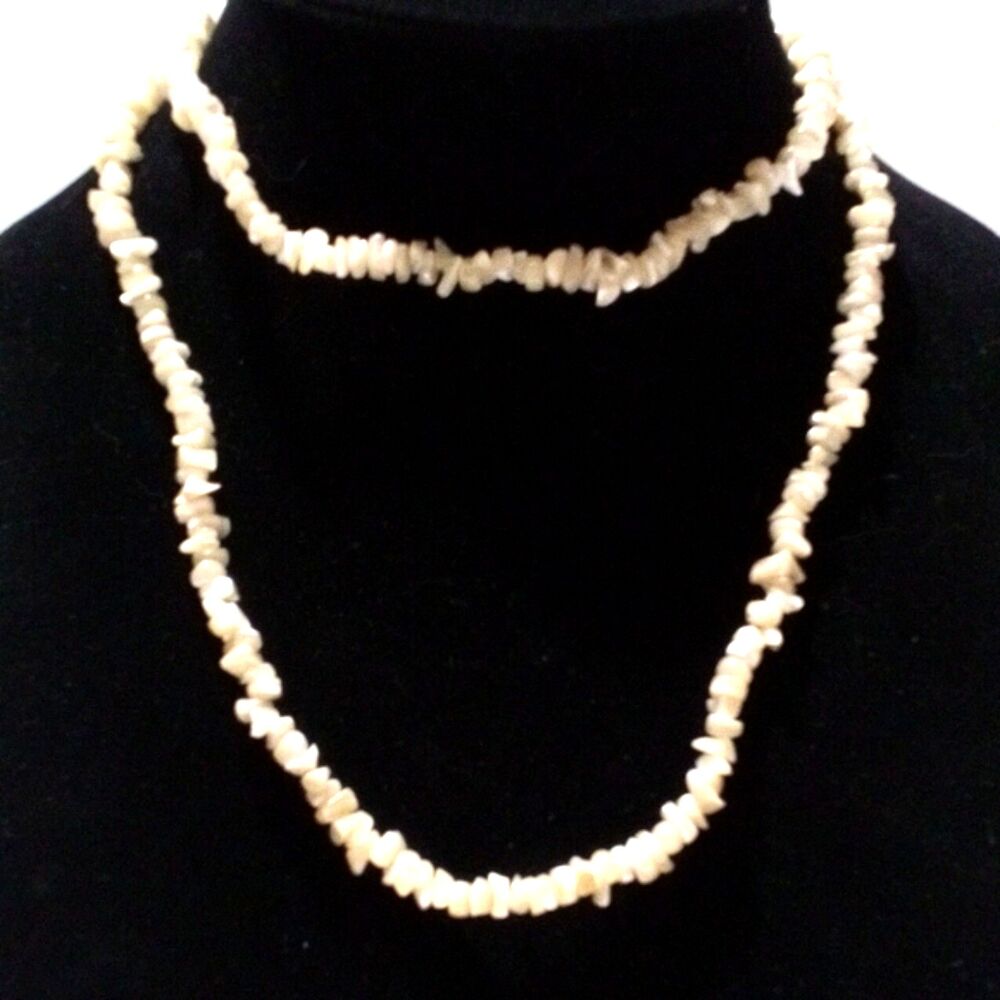 Mother of Pearl Chip Beaded Necklace 34" Long Strand